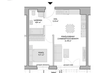 Rzut - Mieszkanie na sprzedaż 2 pokoje o powierzchni 41,4 m² - numer WO/P3/67 w Wiszące Ogrody