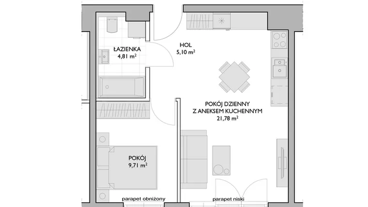 Rzut - Mieszkanie na sprzedaż 2 pokoje o powierzchni 41,4 m² - numer WO/P3/67 w Wiszące Ogrody