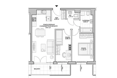 Rzut - Mieszkanie na sprzedaż 2 pokoje o powierzchni 39,08 m² - numer WO/P31/13 w Wiszące Ogrody