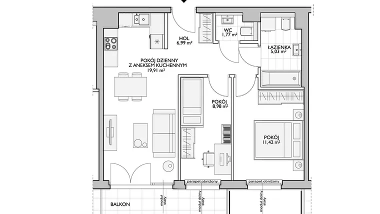 Rzut - Mieszkanie na sprzedaż 2 pokoje o powierzchni 39,08 m² - numer WO/P31/13 w Wiszące Ogrody