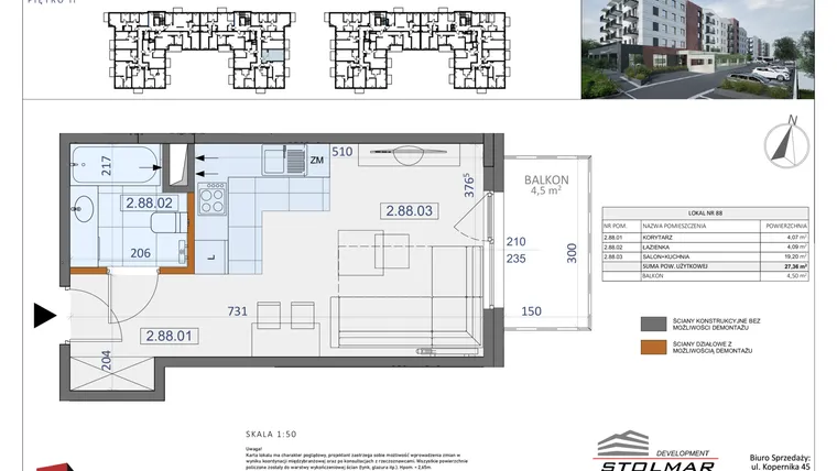 Rzut - Mieszkanie na sprzedaż 1 pokój o powierzchni 27,36 m² - numer 88 w Osiedle Zycha