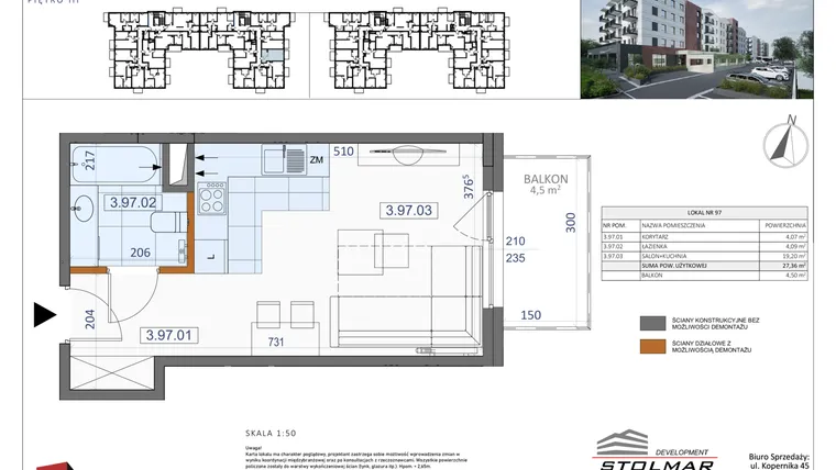 Rzut - Mieszkanie na sprzedaż 1 pokój o powierzchni 27,36 m² - numer 97 w Osiedle Zycha