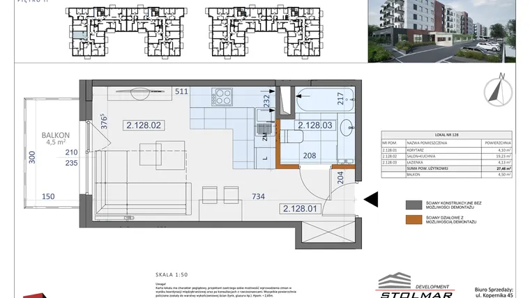 Rzut - Mieszkanie na sprzedaż 1 pokój o powierzchni 27,46 m² - numer 128 w Osiedle Zycha
