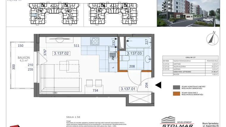Rzut - Mieszkanie na sprzedaż 1 pokój o powierzchni 27,46 m² - numer 137 w Osiedle Zycha