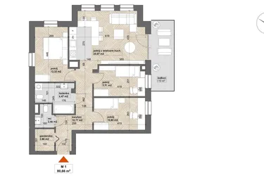 Rzut - Mieszkanie na sprzedaż 4 pokoje o powierzchni 80,66 m² - numer 1 w Apartamenty Śródmieście