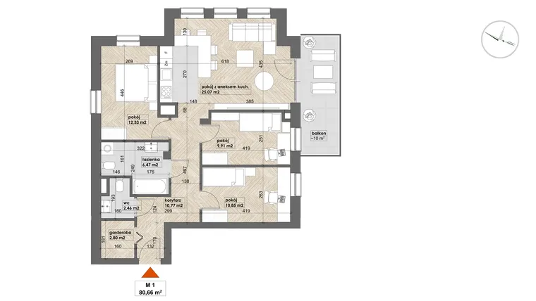 Rzut - Mieszkanie na sprzedaż 4 pokoje o powierzchni 80,66 m² - numer 1 w Apartamenty Śródmieście
