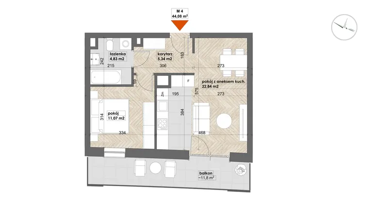 Rzut - Mieszkanie na sprzedaż 2 pokoje o powierzchni 44,08 m² - numer 4 w Apartamenty Śródmieście