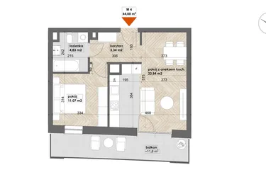 Rzut - Mieszkanie na sprzedaż 2 pokoje o powierzchni 44,08 m² - numer 4 w Apartamenty Śródmieście
