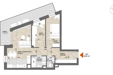 Rzut - Mieszkanie na sprzedaż 3 pokoje o powierzchni 60,91 m² - numer 9 w Apartamenty Śródmieście