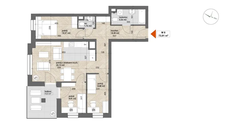 Rzut - Mieszkanie na sprzedaż 4 pokoje o powierzchni 73,91 m² - numer 8 w Apartamenty Śródmieście