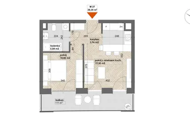 Rzut - Mieszkanie na sprzedaż 2 pokoje o powierzchni 39,35 m² - numer 27 w Apartamenty Śródmieście