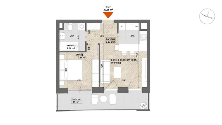 Rzut - Mieszkanie na sprzedaż 2 pokoje o powierzchni 39,35 m² - numer 27 w Apartamenty Śródmieście