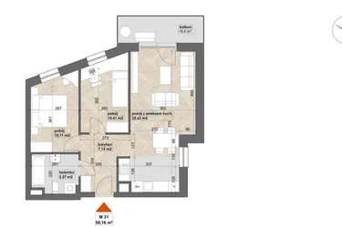 Rzut - Mieszkanie na sprzedaż 3 pokoje o powierzchni 59,16 m² - numer 31 w Apartamenty Śródmieście