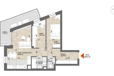 Rzut - Mieszkanie na sprzedaż 3 pokoje o powierzchni 60,91 m² - numer 30 w Apartamenty Śródmieście