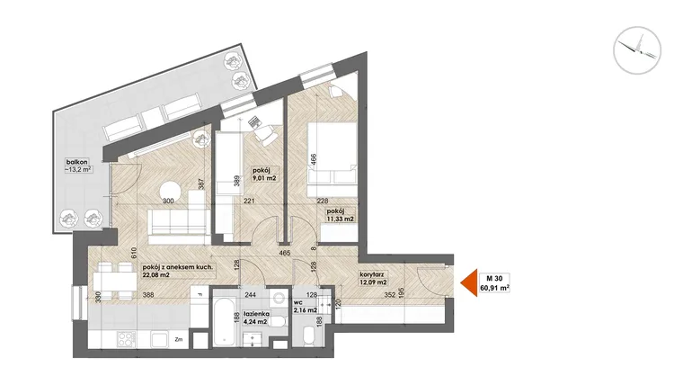 Rzut - Mieszkanie na sprzedaż 3 pokoje o powierzchni 60,91 m² - numer 30 w Apartamenty Śródmieście