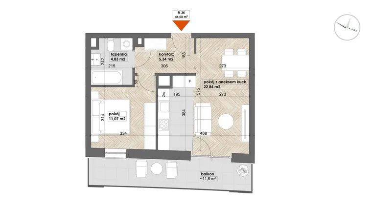 Rzut - Mieszkanie na sprzedaż 2 pokoje o powierzchni 44,08 m² - numer 36 w Apartamenty Śródmieście