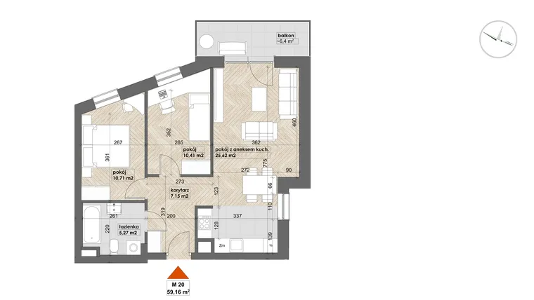 Rzut - Mieszkanie na sprzedaż 3 pokoje o powierzchni 59,16 m² - numer 20 w Apartamenty Śródmieście