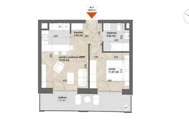 Rzut - Mieszkanie na sprzedaż 2 pokoje o powierzchni 39,55 m² - numer 37 w Apartamenty Śródmieście