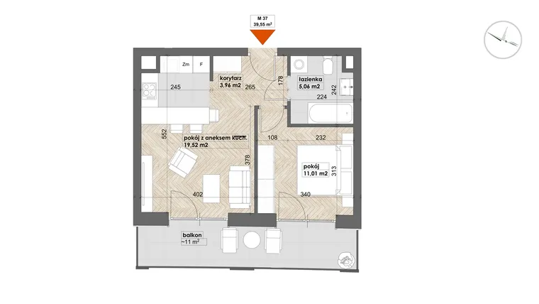 Rzut - Mieszkanie na sprzedaż 2 pokoje o powierzchni 39,55 m² - numer 37 w Apartamenty Śródmieście