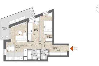 Rzut - Mieszkanie na sprzedaż 3 pokoje o powierzchni 60,91 m² - numer 41 w Apartamenty Śródmieście