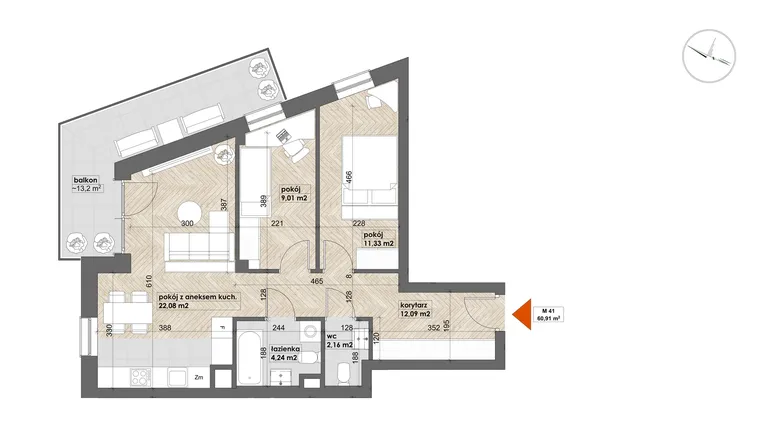 Rzut - Mieszkanie na sprzedaż 3 pokoje o powierzchni 60,91 m² - numer 41 w Apartamenty Śródmieście