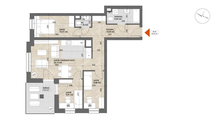 Rzut - Mieszkanie na sprzedaż 4 pokoje o powierzchni 73,91 m² - numer 40 w Apartamenty Śródmieście