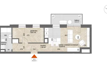 Rzut - Mieszkanie na sprzedaż 1 pokój o powierzchni 45,42 m² - numer 53 w Apartamenty Śródmieście