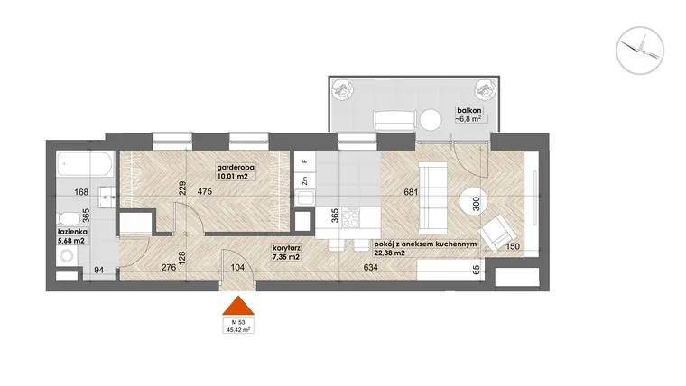 Rzut - Mieszkanie na sprzedaż 1 pokój o powierzchni 45,42 m² - numer 53 w Apartamenty Śródmieście