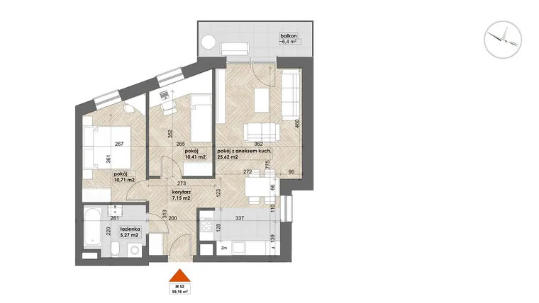 Rzut - Mieszkanie na sprzedaż 3 pokoje o powierzchni 59,16 m² - numer 52 w Apartamenty Śródmieście