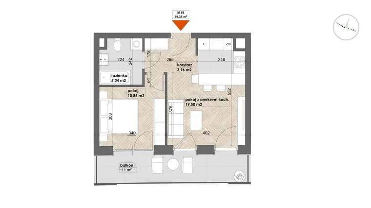 Rzut - Mieszkanie na sprzedaż 2 pokoje o powierzchni 39,35 m² - numer 58 w Apartamenty Śródmieście