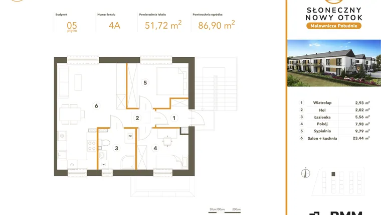 Rzut - Mieszkanie na sprzedaż 3 pokoje o powierzchni 51,72 m² - numer 4A w Słoneczny Nowy Otok - Malownicza Południe etap II