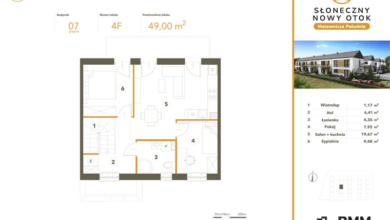 Rzut - Mieszkanie na sprzedaż 3 pokoje o powierzchni 49 m² - numer 4F w Słoneczny Nowy Otok - Malownicza Południe etap II