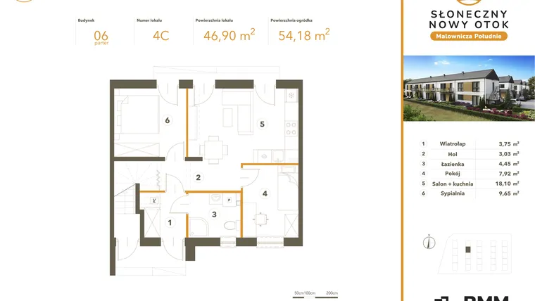 Rzut - Mieszkanie na sprzedaż 3 pokoje o powierzchni 46,9 m² - numer 4C w Słoneczny Nowy Otok - Malownicza Południe etap II