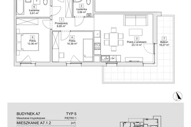 Rzut - Mieszkanie na sprzedaż 3 pokoje o powierzchni 63,9 m² - numer A7.1.2 w Zacisze Marcelin IIIa