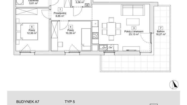 Rzut - Mieszkanie na sprzedaż 3 pokoje o powierzchni 63,9 m² - numer A7.1.2 w Zacisze Marcelin IIIa