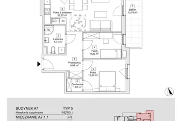 Rzut - Mieszkanie na sprzedaż 3 pokoje o powierzchni 61,39 m² - numer A7.1.1(N) w Zacisze Marcelin IIIa