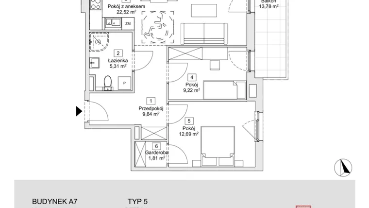 Rzut - Mieszkanie na sprzedaż 3 pokoje o powierzchni 61,39 m² - numer A7.1.1(N) w Zacisze Marcelin IIIa