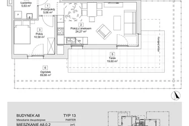 Rzut - Mieszkanie na sprzedaż 2 pokoje o powierzchni 45,54 m² - numer A8.0.2 w Zacisze Marcelin IIIa