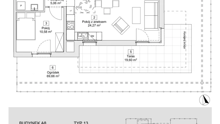 Rzut - Mieszkanie na sprzedaż 2 pokoje o powierzchni 45,54 m² - numer A8.0.2 w Zacisze Marcelin IIIa