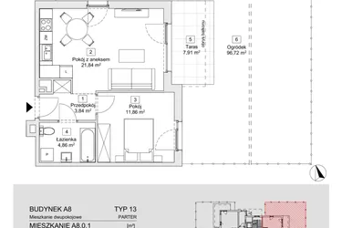 Rzut - Mieszkanie na sprzedaż 2 pokoje o powierzchni 42,4 m² - numer A8.0.1 w Zacisze Marcelin IIIa
