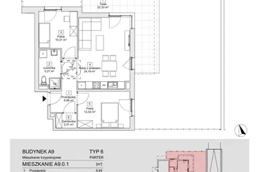 Rzut - Mieszkanie na sprzedaż 3 pokoje o powierzchni 61,19 m² - numer A9.0.1(N) w Zacisze Marcelin IIIa