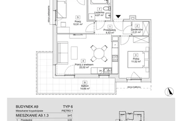 Rzut - Mieszkanie na sprzedaż 3 pokoje o powierzchni 58,17 m² - numer A9.1.3 w Zacisze Marcelin IIIa