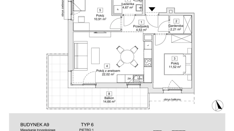 Rzut - Mieszkanie na sprzedaż 3 pokoje o powierzchni 58,17 m² - numer A9.1.3 w Zacisze Marcelin IIIa