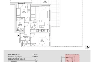 Rzut - Mieszkanie na sprzedaż 3 pokoje o powierzchni 61,19 m² - numer A1.0.1(N) w Zacisze Marcelin IIIa