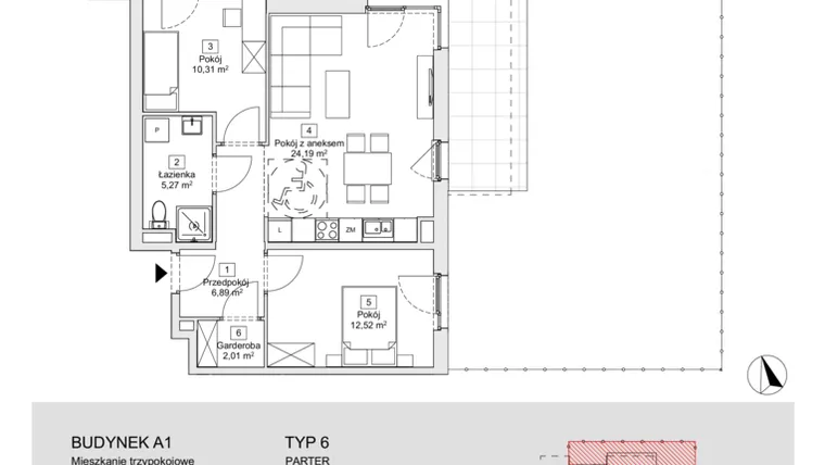 Rzut - Mieszkanie na sprzedaż 3 pokoje o powierzchni 61,19 m² - numer A1.0.1(N) w Zacisze Marcelin IIIa