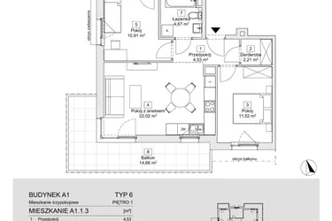 Rzut - Mieszkanie na sprzedaż 3 pokoje o powierzchni 58,17 m² - numer A1.1.3 w Zacisze Marcelin IIIa