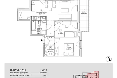 Rzut - Mieszkanie na sprzedaż 3 pokoje o powierzchni 60,77 m² - numer A10.1.1 w Zacisze Marcelin IIIa