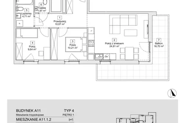 Rzut - Mieszkanie na sprzedaż 3 pokoje o powierzchni 61,21 m² - numer A11.1.2 w Zacisze Marcelin IIIa