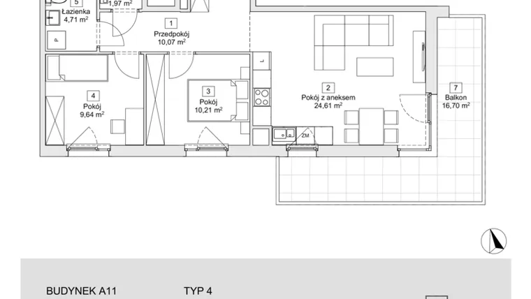 Rzut - Mieszkanie na sprzedaż 3 pokoje o powierzchni 61,21 m² - numer A11.1.2 w Zacisze Marcelin IIIa