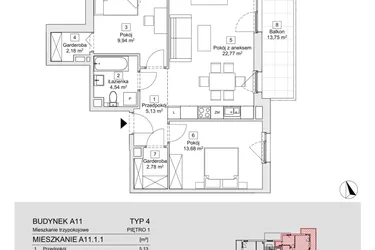 Rzut - Mieszkanie na sprzedaż 3 pokoje o powierzchni 61,02 m² - numer A11.1.1 w Zacisze Marcelin IIIa